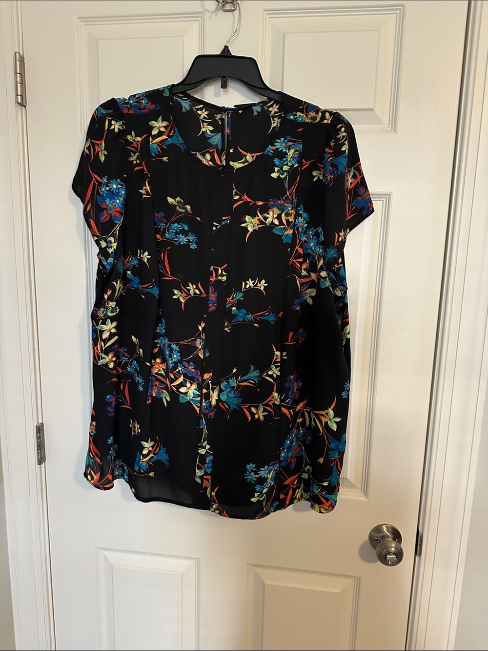 Black Floral Short-Sleeve Blouse with Blue & Multicolor Print
